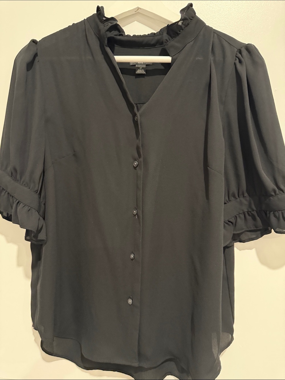 Ann Taylor Black Ruffle-Sleeve Button Front Blouse